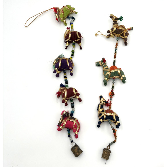 2 Handmade Colorful Fabric Elephant Camel On Hanging Beaded Strings Bells - Picture 1 of 6